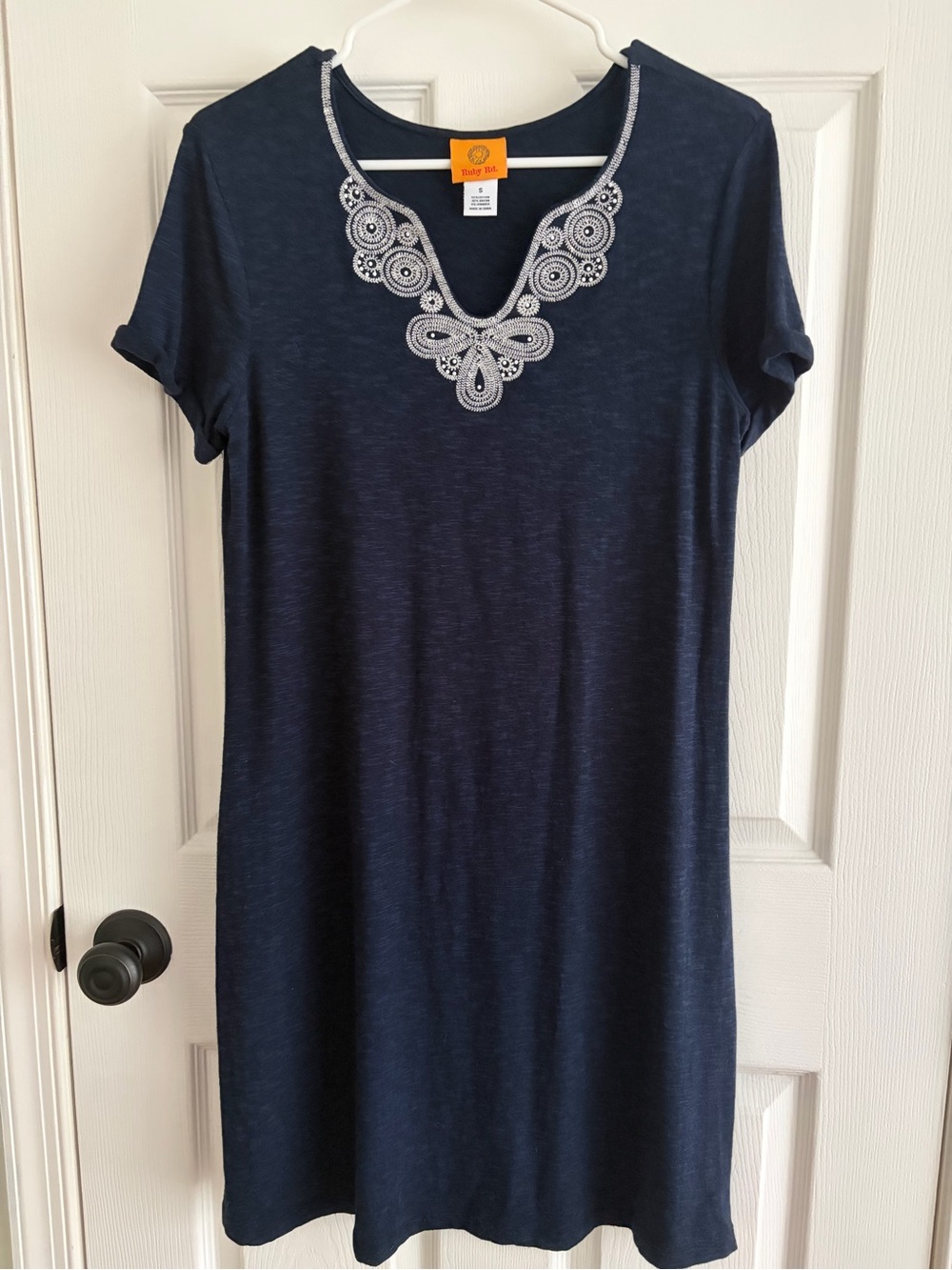 Ruby Rd. Navy Tunic Dress with White Embroidered V-Neck